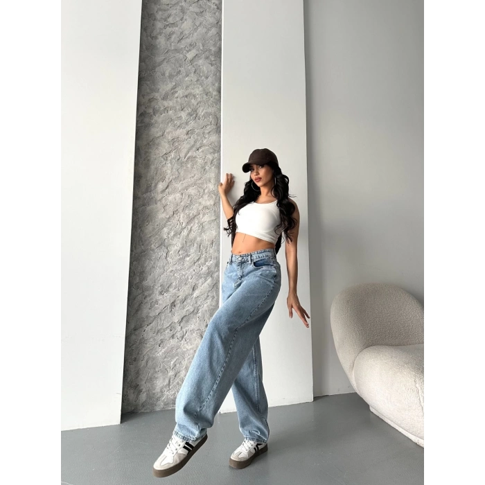 Baggy kar yıkama orta mavi jeans pantolon d2007