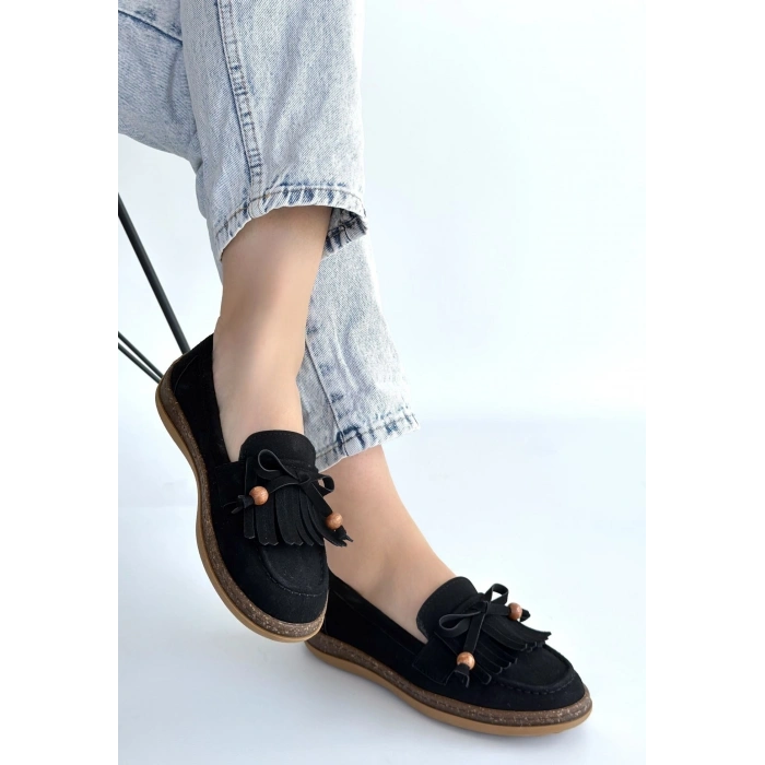 Boriy Siyah Deri Tozu Süet Babet Ayakkabı