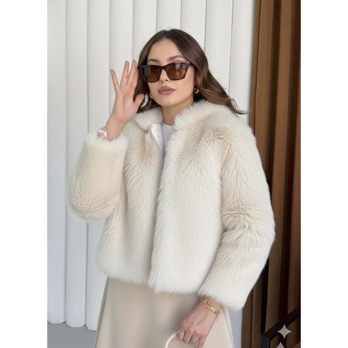 Fermuarlı kısa kürk siyah ekru t7746