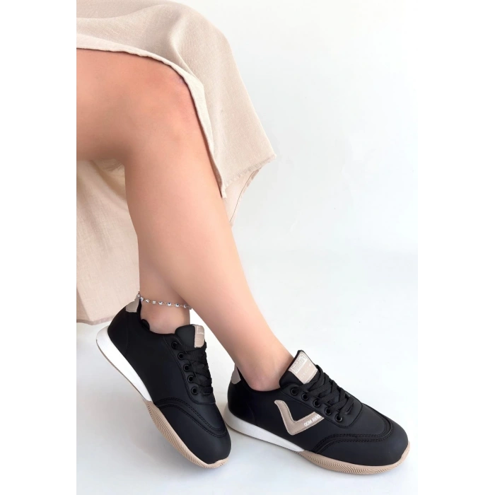 Jowen Siyah Cilt Bej Detaylı Bağcıklı Spor Ayakkabı
