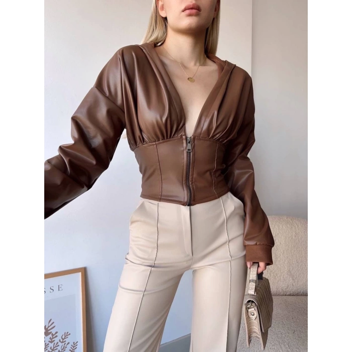 Kapşonlu yarım fermuarlı ceket kahve h24116