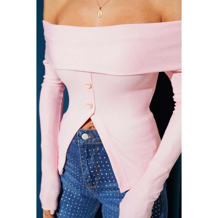 Madonna Yaka Düğmeli Bluz pembe t4329