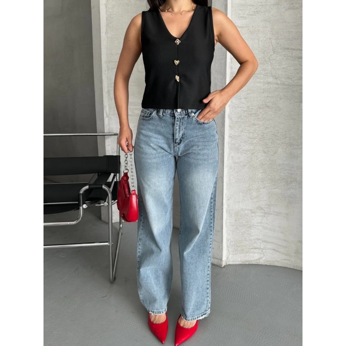 Palazzo straight kar yıkama jeans pantolon mavi d2008