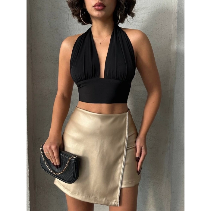 Taşlı şort etek deri gold h240018