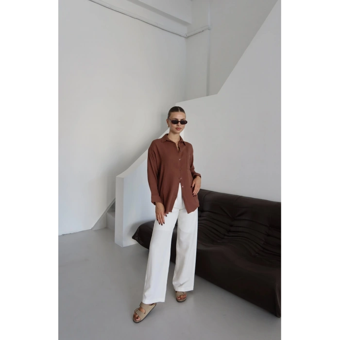 Tek cepli müslin gömlek kahve pt