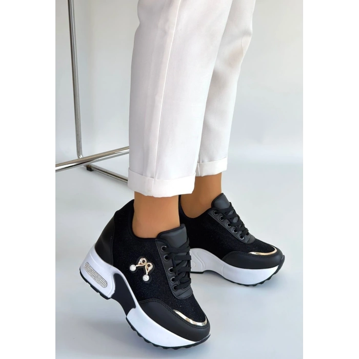 Wody Siyah Cilt Simli Bağcıklı Spor Ayakkabı