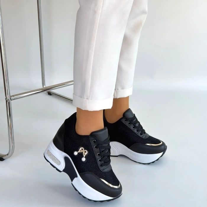 Wody Siyah Cilt Simli Bağcıklı Spor Ayakkabı