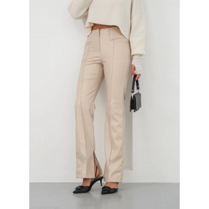 İspanyol yırtmaçlı paça deri pantolon bej hn