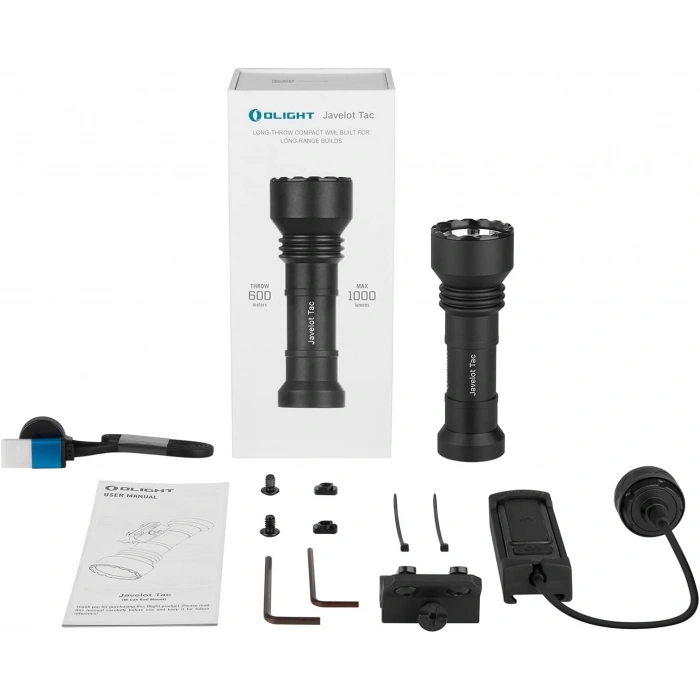 OLIGHT Javelot Tac M 1000 Lumens Tactical Kablolu Şarjlı Tüfek Feneri, Mlok Rail Mounted Rechargeable Weaponlight with 600 Meters Long-Range Distance, Removable Slide Rail Mount and Remote Pressure Switch (Black) Orjinal