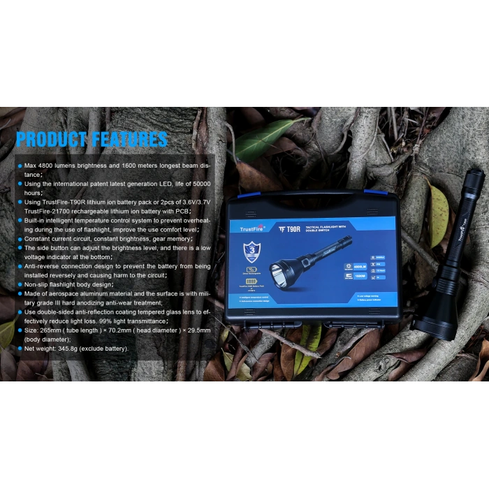 TrustFire 4800 Lümen Tüfek Feneri,prosefyonel Avcı El feneri kiti LED yüksek güçlü,T90R ,Şarj edilebilir taktik el feneri, uzun menzilli 1600 metre, süper parlak, su geçirmez, avcılık ve kurtarma için [Enerji Sınıfı A+++]