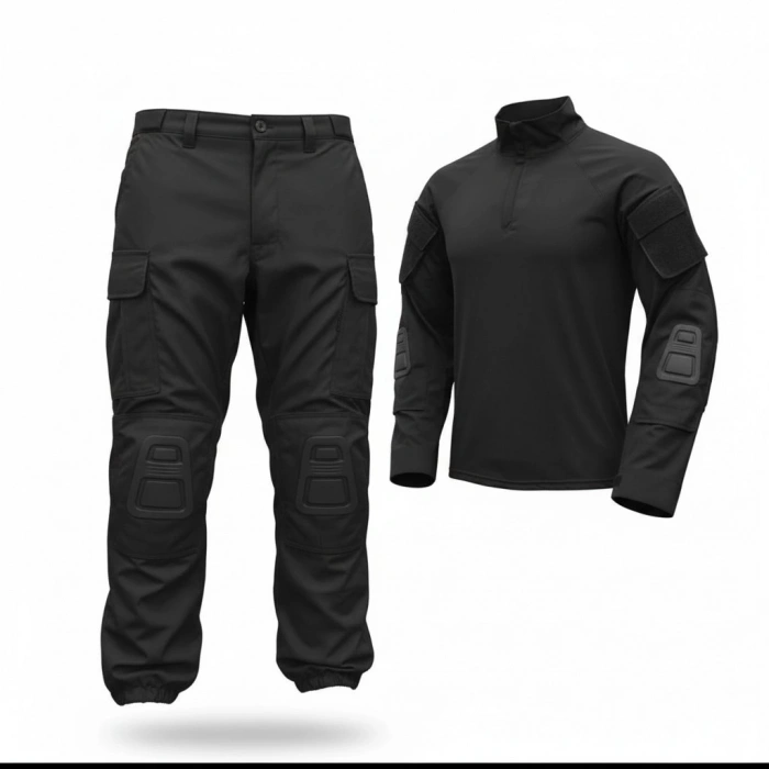 Siyah Renk Dizlikli Combat Tişört ve Dizlikli Pantolon Takım,Siyah Dizlikli Airsoft Takım-Yerli Üretim