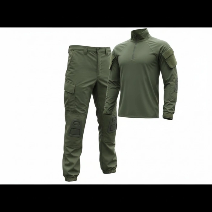 Haki Yeşil Dizlikli Takım,Dizlikli Tişört ve Dizlikli Pantolon -Yerli Üretim