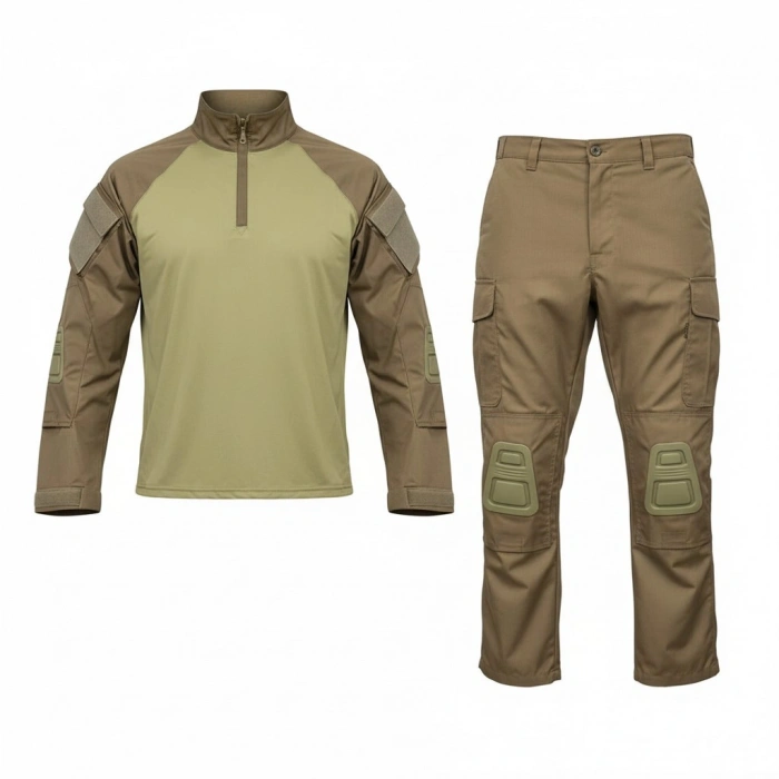 Tan Renk Dizlikli Combat Tişört ve Dizlikli Pantolon Takım,Çöl Renk Dizlikli Takım Yerli Üretim