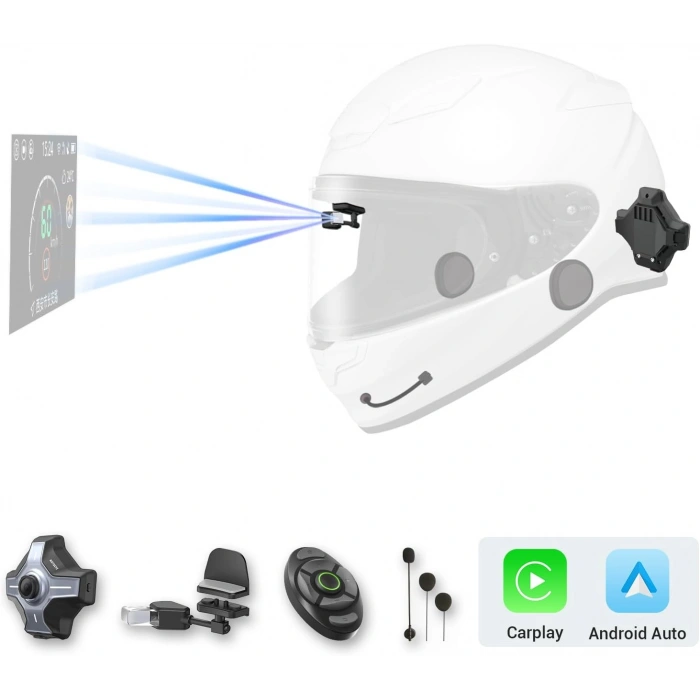 MOTOEYE E6+ INTERCOM Motorcycle Helmet HUD, Head Up Display, Bluetooth,GPS, CarPlay, Android Auto, Mesh Intercom, Rearview Camera, Remote Control, Noise Reduction, RGB Lights, IP66 for All Helmets