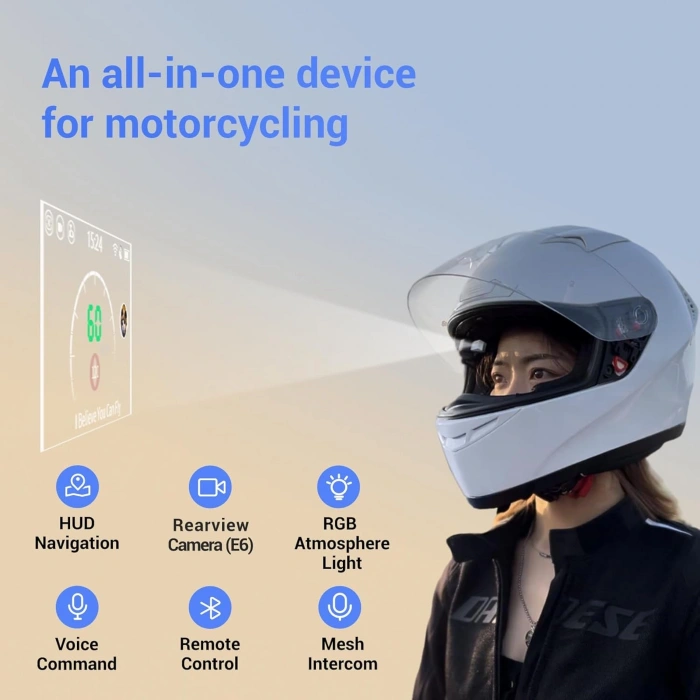 MOTOEYE E6+ INTERCOM Motorcycle Helmet HUD, Head Up Display, Bluetooth,GPS, CarPlay, Android Auto, Mesh Intercom, Rearview Camera, Remote Control, Noise Reduction, RGB Lights, IP66 for All Helmets