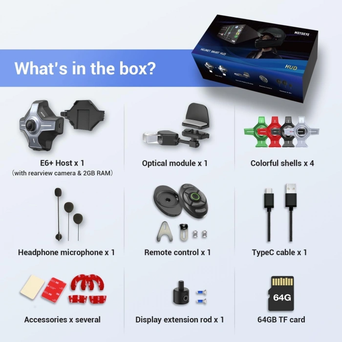 MOTOEYE E6+ INTERCOM Motorcycle Helmet HUD, Head Up Display, Bluetooth,GPS, CarPlay, Android Auto, Mesh Intercom, Rearview Camera, Remote Control, Noise Reduction, RGB Lights, IP66 for All Helmets