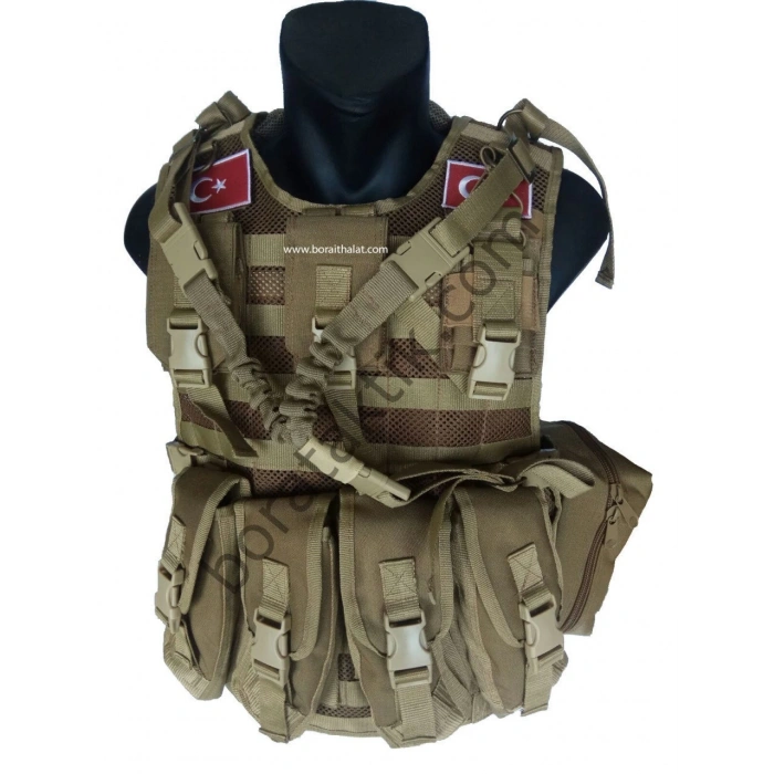 AK47 Kalaşnikof Hücum Yeleği Çölrengi Fileli 4lü (Plakalıklı)