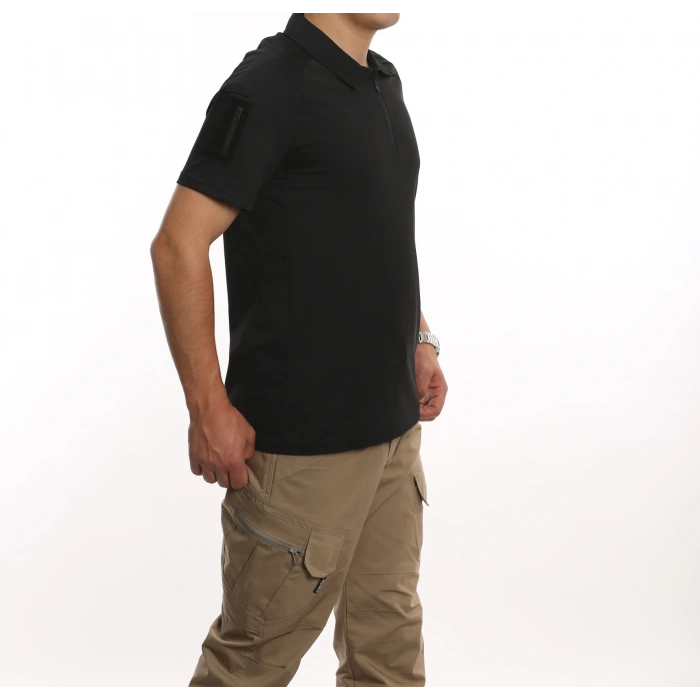 Attack Taktik Pike Tişört 50-50 Pamuk-Polyester Kısa Kol Fermuarlı / Polo Yakalı Siyah