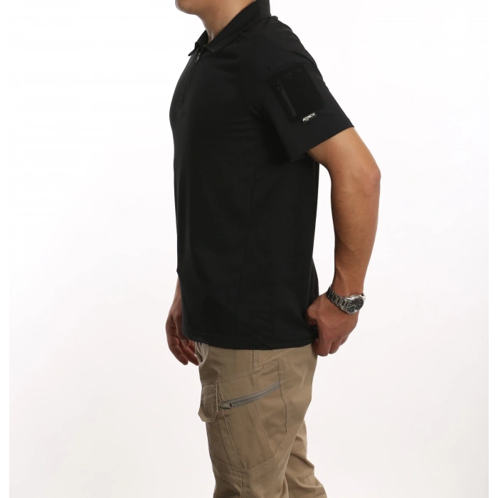 Attack Taktik Pike Tişört 50-50 Pamuk-Polyester Kısa Kol Fermuarlı / Polo Yakalı Siyah
