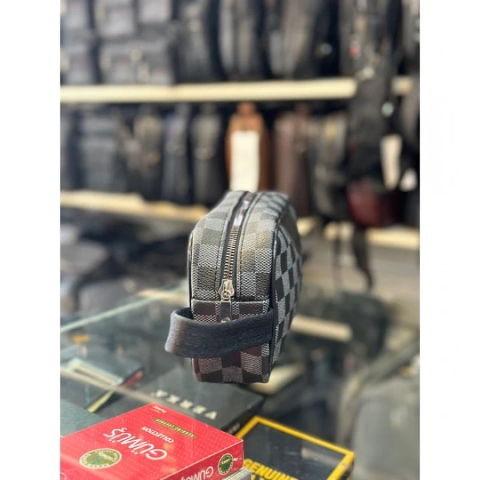 Bora Erkek Siyah Vegan Deri Suya Dayanıklı Elegan Portföy Stil El Çantası Traş Kozmetik Ekose Çanta