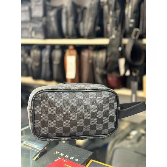 Bora Erkek Siyah Vegan Deri Suya Dayanıklı Elegan Portföy Stil El Çantası Traş Kozmetik Ekose Çanta