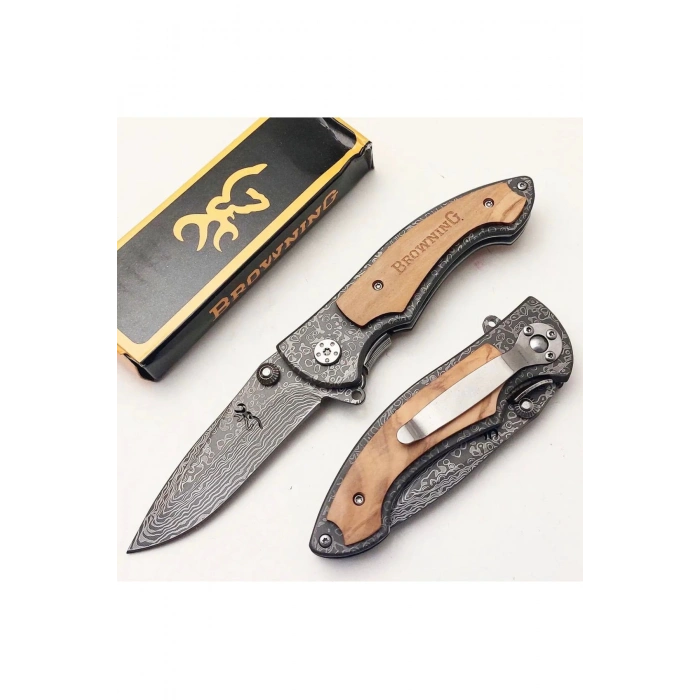 Browning Desenli Kaliteli Paslanmaz Çelik Çakı - 21 cm - Damascus Desenli