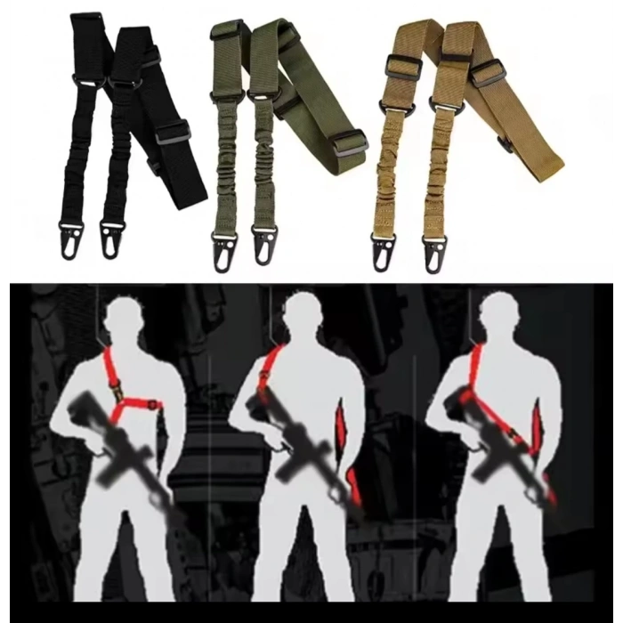 Çift Nokta Taktikal Lastikli Askı Kayışı Siyah - Haki - Tan Renk