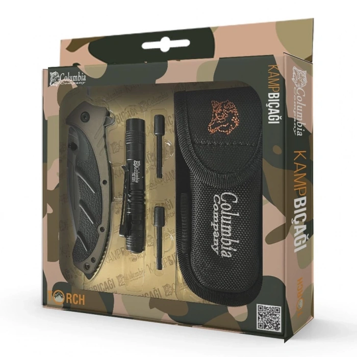 Columbia Kamp Bıçağı 21cm Seti Kahverengi Fener + Ateş Çubuğu +Parakord + Kılıf