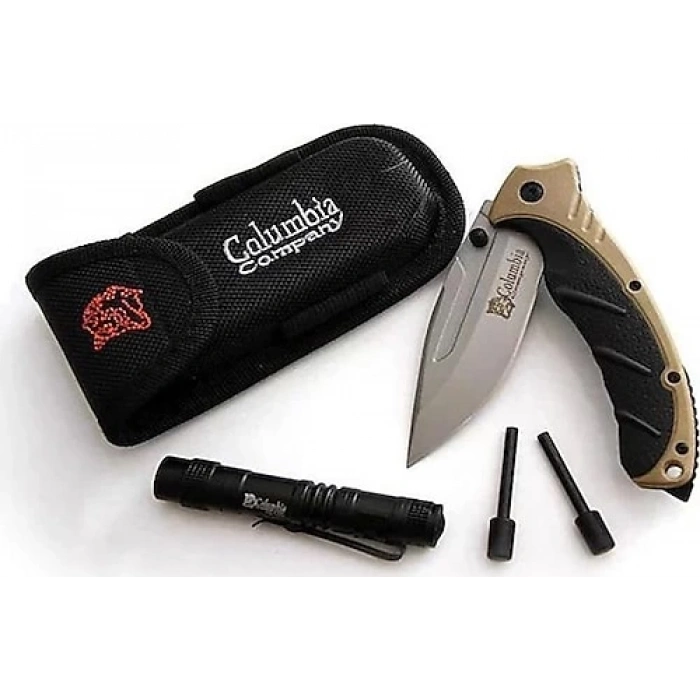 Columbia Kamp Bıçağı 21cm Seti Kahverengi Fener + Ateş Çubuğu +Parakord + Kılıf
