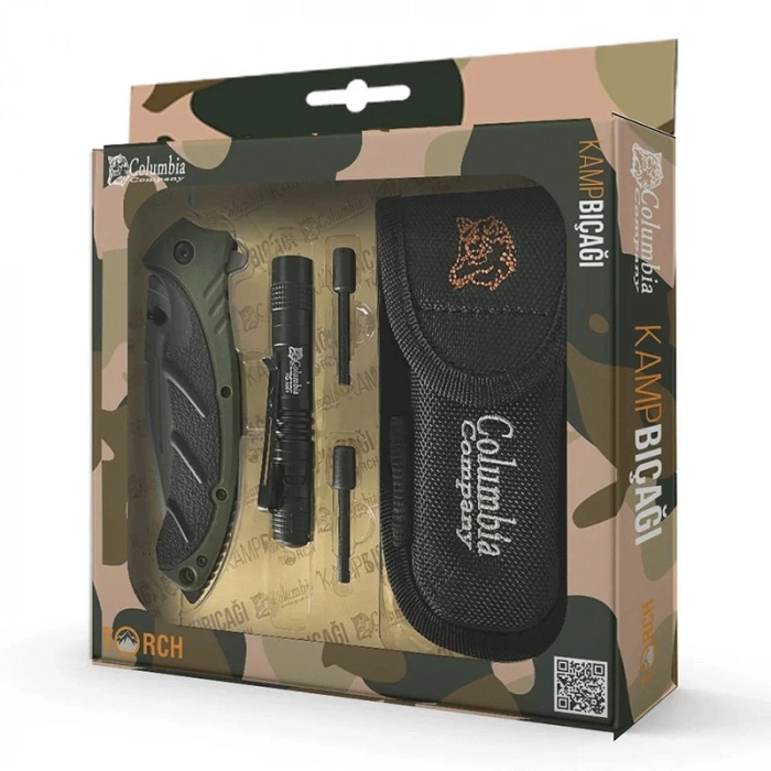 Columbia Kamp Bıçağı 21cm Seti Kahverengi Fener + Ateş Çubuğu +Parakord + Kılıf