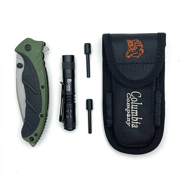 Columbia Kamp Bıçağı 21cm Seti Kahverengi Fener + Ateş Çubuğu +Parakord + Kılıf