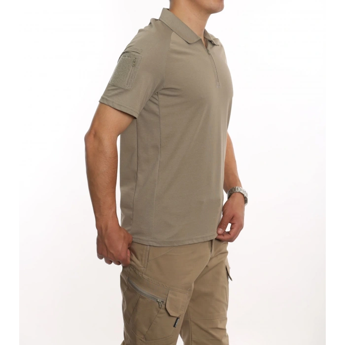 Attack Taktik Pike Tişört  50-50 Pamuk-Polyester Kısa Kol Fermuarlı / Polo Yakalı çöl