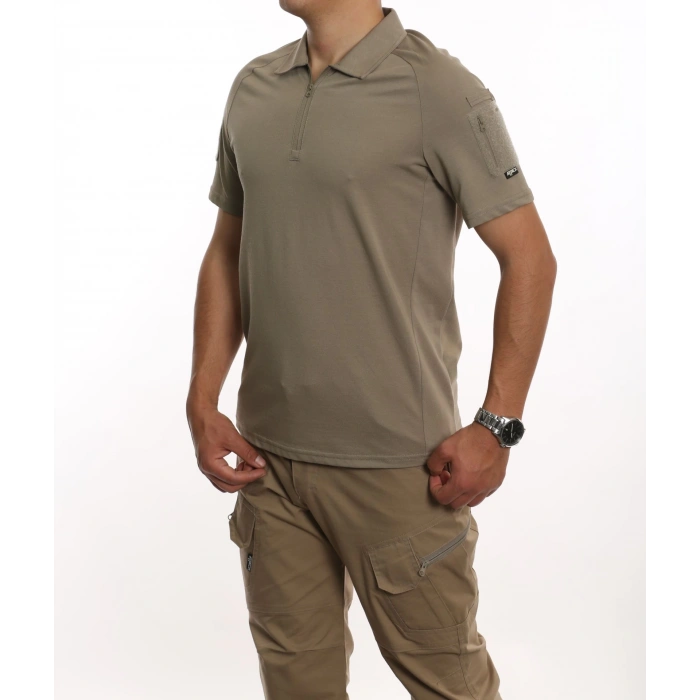 Attack Taktik Pike Tişört  50-50 Pamuk-Polyester Kısa Kol Fermuarlı / Polo Yakalı çöl