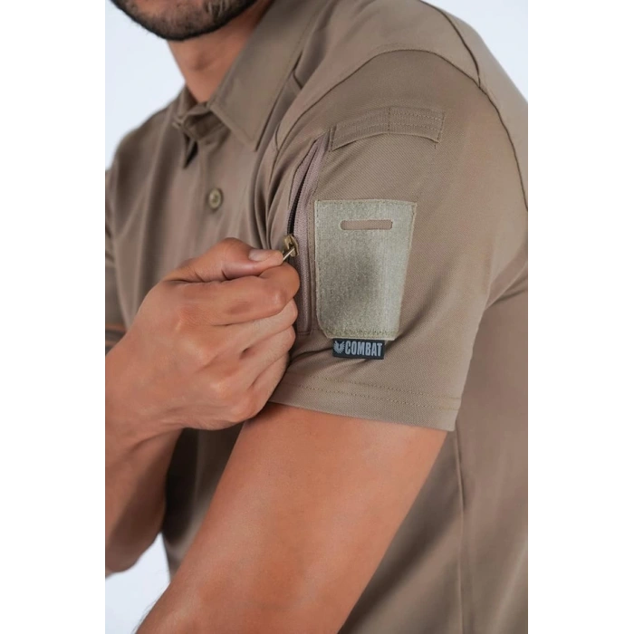 Combat Taktik Pike Tişört Kısa Kol / Polo Yakalı çöl 50-50 Pamuk-Polyester