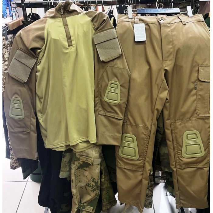 Tan Renk Dizlikli Combat Tişört ve Dizlikli Pantolon Takım,Çöl Renk Dizlikli Takım Yerli Üretim