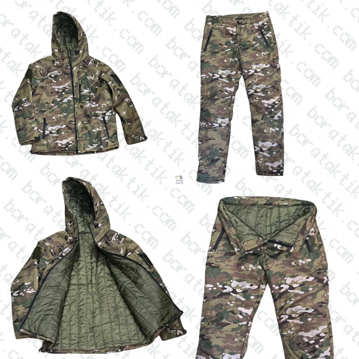 Goratex Soğuk İklim Elyaf Dolgulu Softshell Mont Pantolon Multicam