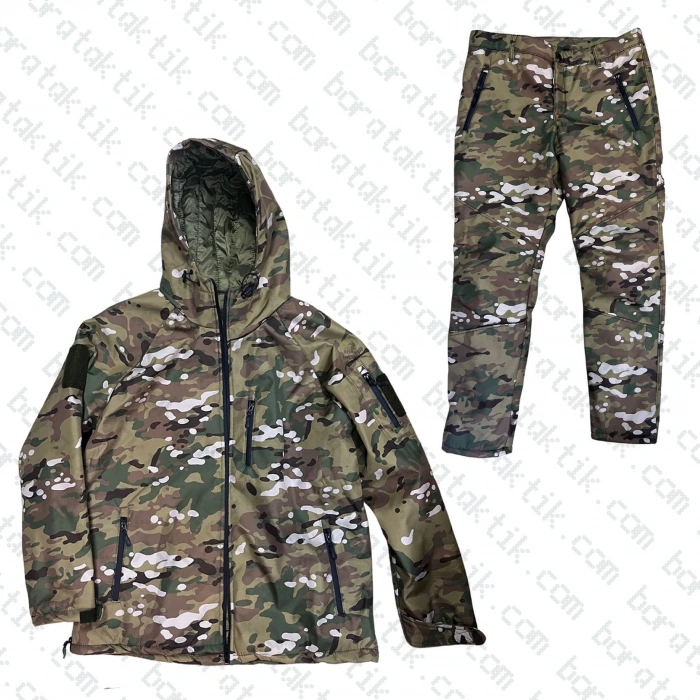 Goratex Soğuk İklim Elyaf Dolgulu Softshell Mont Pantolon Multicam