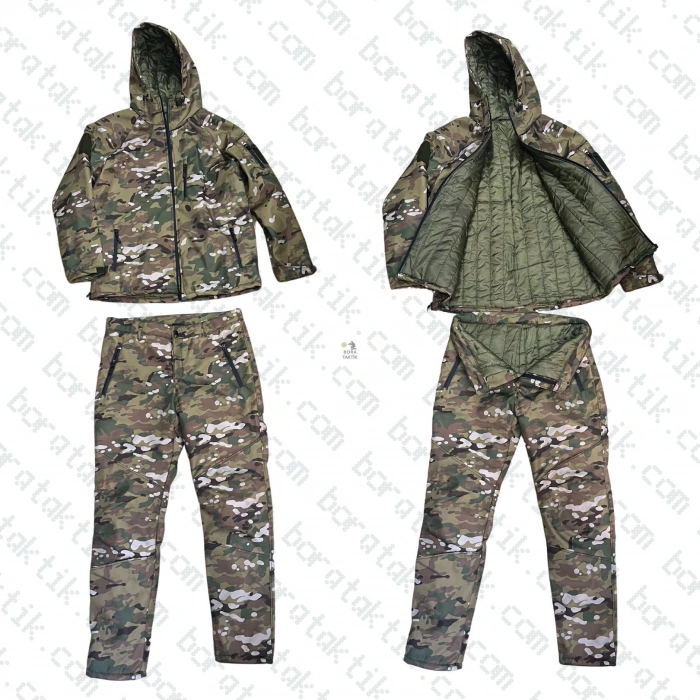Goratex Soğuk İklim Elyaf Dolgulu Softshell Mont Pantolon Multicam