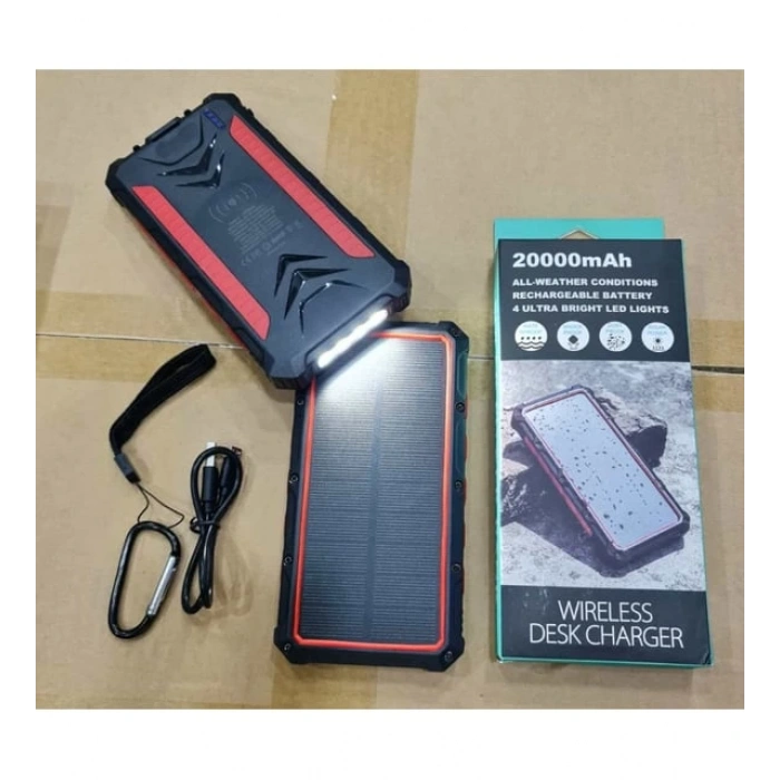 Güneş Enerjili Wireless Özellikli 20000 mAh Solar Powerbank - 2+1 Çıkışlı