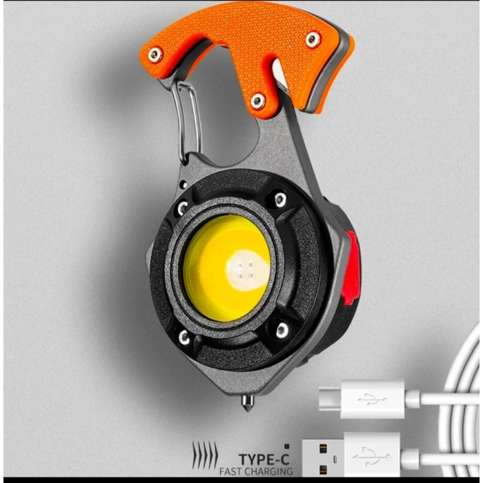 Karabina FENER Şarjlı Ultra Güçlü Led 12 Mod Kamp Fener Çakmak Tornavida Bıçak Type-c 600 LÜMEN