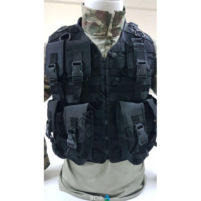 Keleş Hücum Yeleği 4lüı Fileli Fermuarlı Siyah (Plakalıklı)