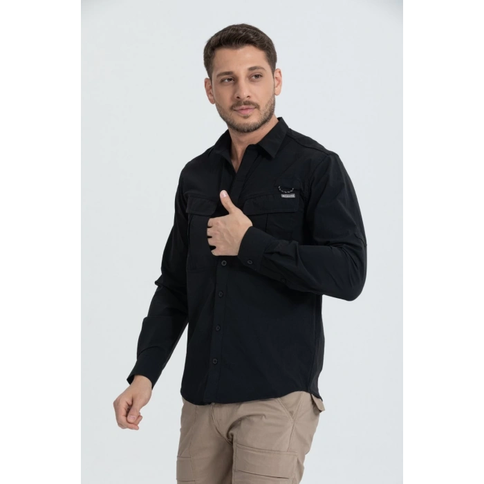Likralı TAKTİK KORUMA GÖMLEĞİ Siyah Olimpos kumaş Outdoor Gömlek