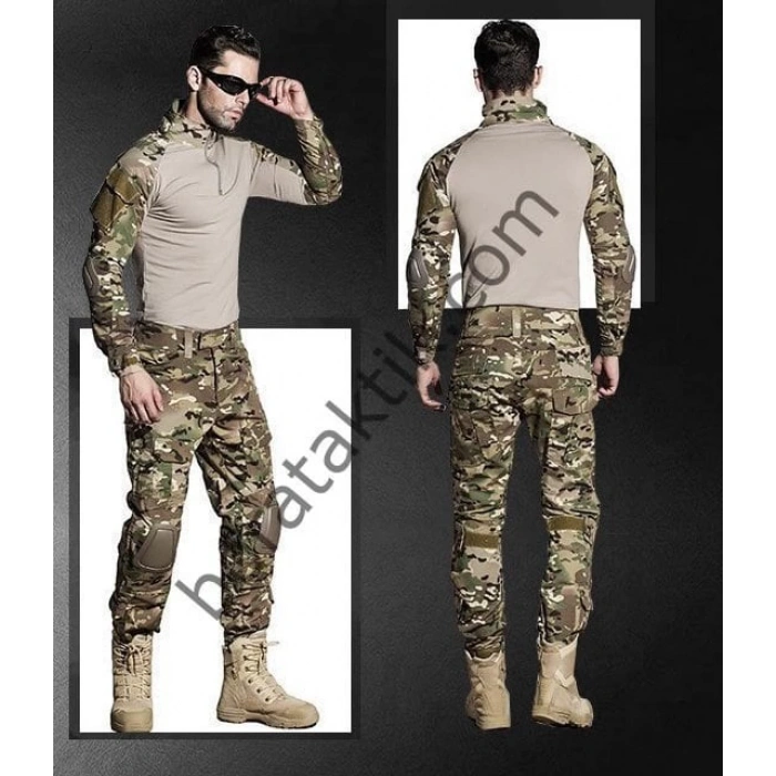 Multicam Combat Tişört ve Pantolon Dizlikli Kamuflaj Takımı