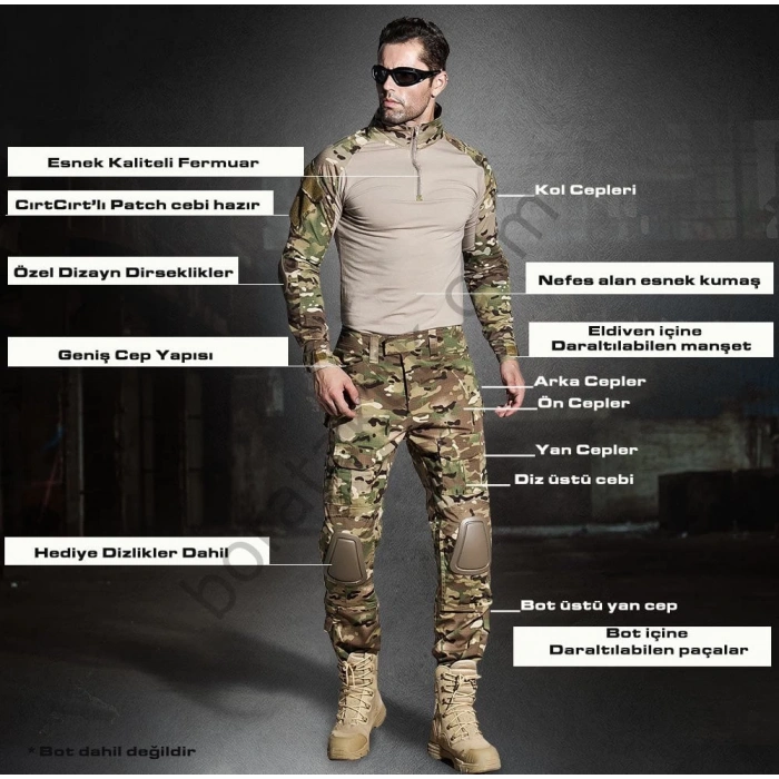 Multicam Combat Tişört ve Pantolon Dizlikli Kamuflaj Takımı