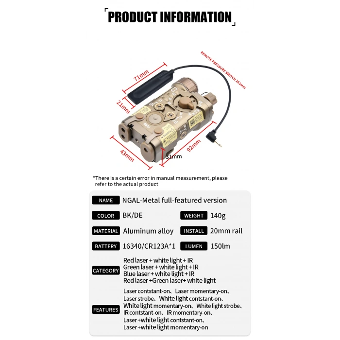 NGAL -Metal Kasa LAZERLİ FENER + M600C TÜFEK FENERİ IR YEŞİL LAZER Airsoft SET
