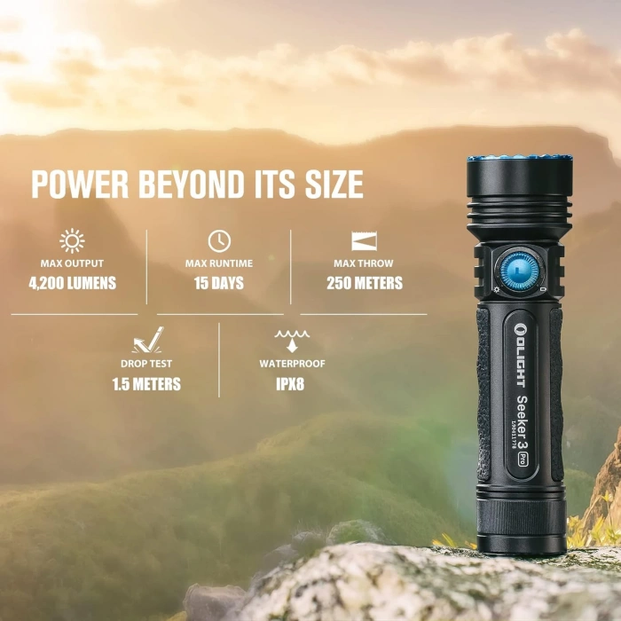 OLIGHT Seeker 3 Pro LED el feneri, 4200 lümen, 250 metre, son derece parlak el feneri, 5 aydınlatma modu, 15 güne kadar USB ile şarj edilebilir, güçlü el feneri, kamp, macera için (siyah) [Enerji Sınıfı A] ORJİNAL