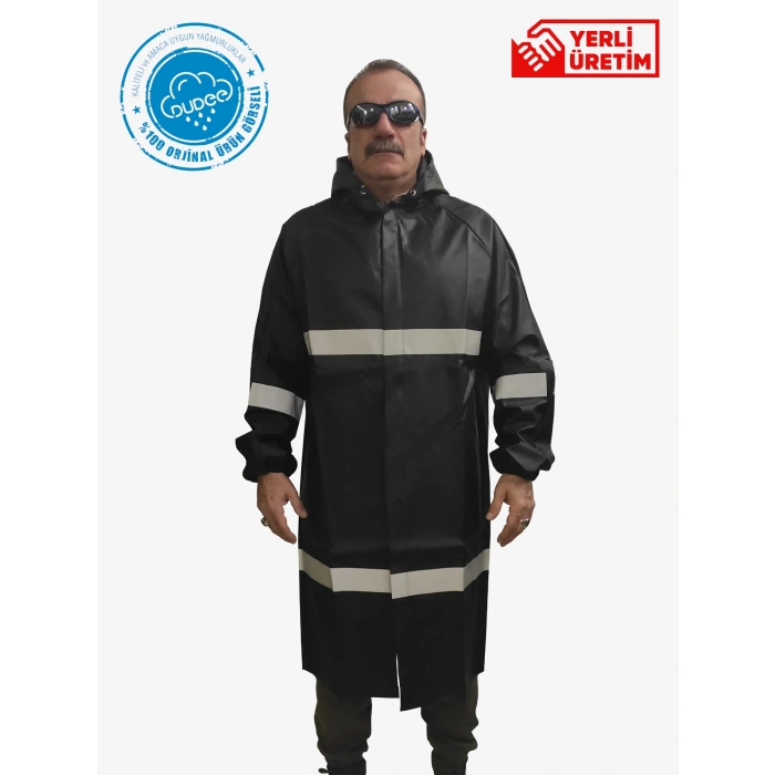ÖZEL GÜVENLİK Yağmurluk Pardesü Kalın Kumaş Akalite , Reflektörlü Siyah