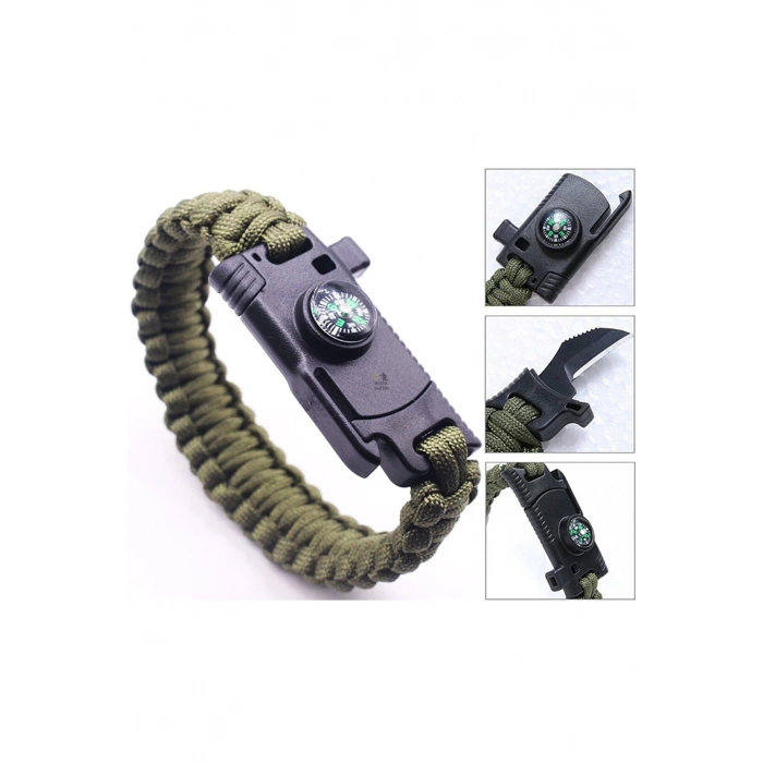 Paracord Bileklik Pusula, Bıçak, Düdük, Çakmak Taşı 22cm