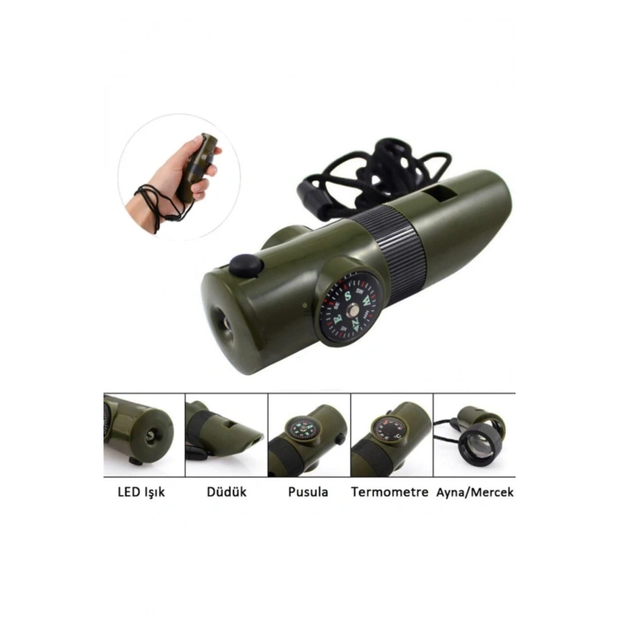 Pusulalı Fenerli Termometre Mercek Taktikal Düdük 7 Fonksiyonlu