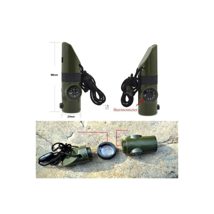 Pusulalı Fenerli Termometre Mercek Taktikal Düdük 7 Fonksiyonlu